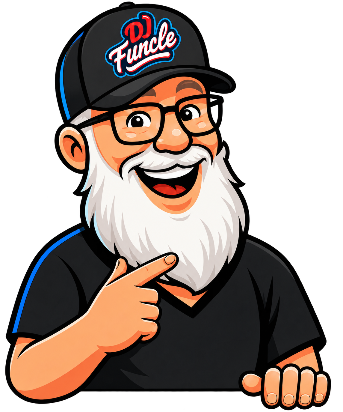 DJ Funcle smiling, pointing toward the events, and resting his hand on the banner