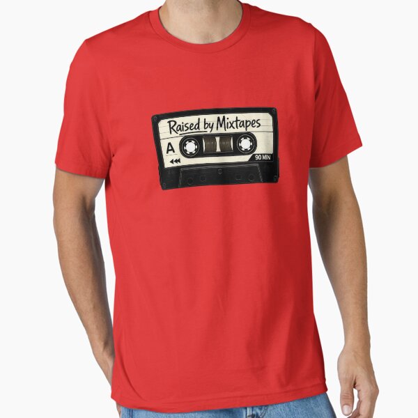 Red T-shirt featuring the Raised by Mixtapes design